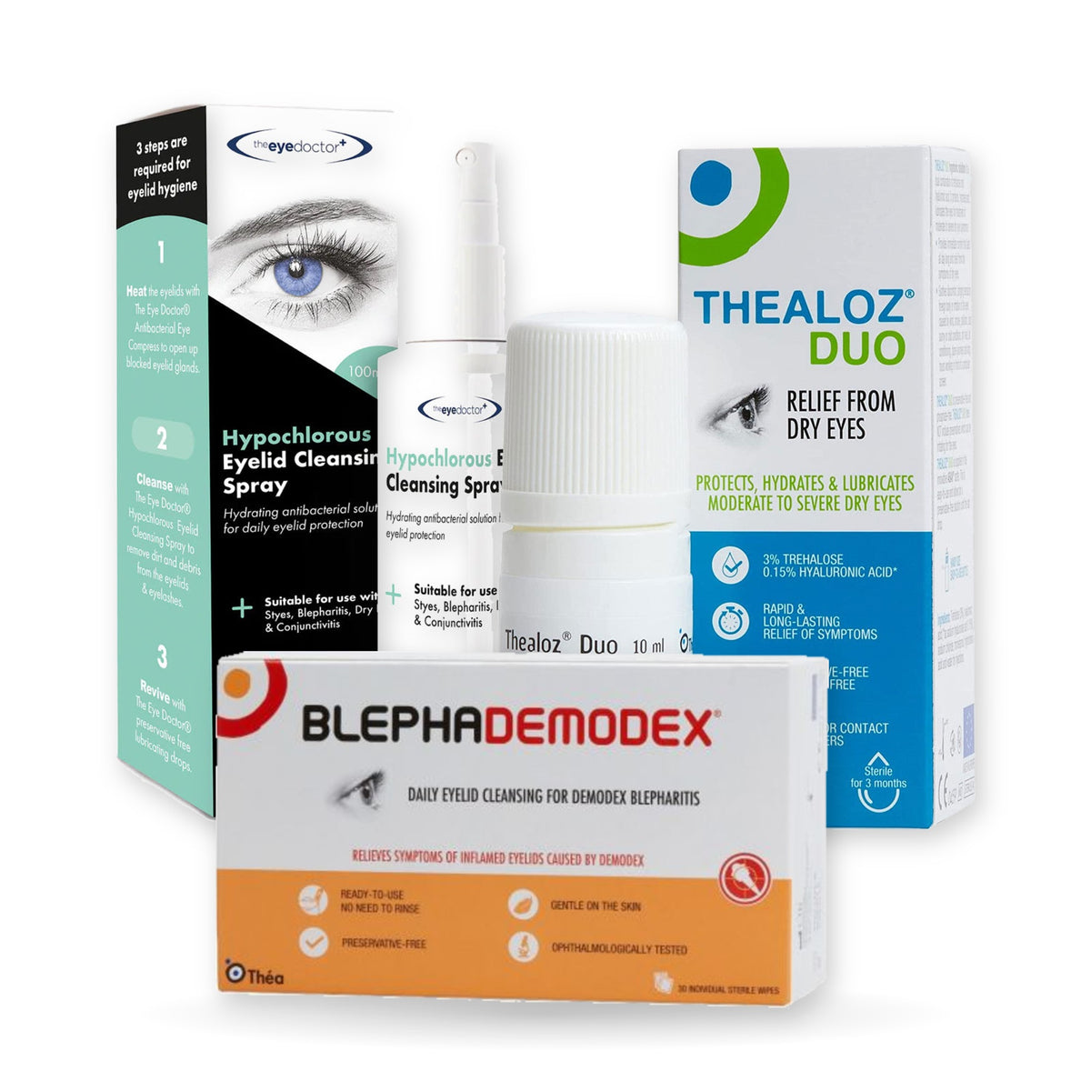 Demodex Blepharitis Kit: Blephademodex wipes, Eye Doctor hypochlorous spray and Thealoz Duo grouped together on a white background