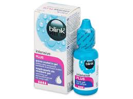 Bottle of Blink Intensive Plus eye drops with packaging on a white background