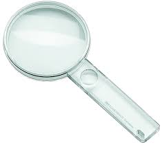Clear plastic handheld magnifying glass with handle.