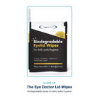 Close-up of The Eye Doctor biodegradable eyelid wipes packaging