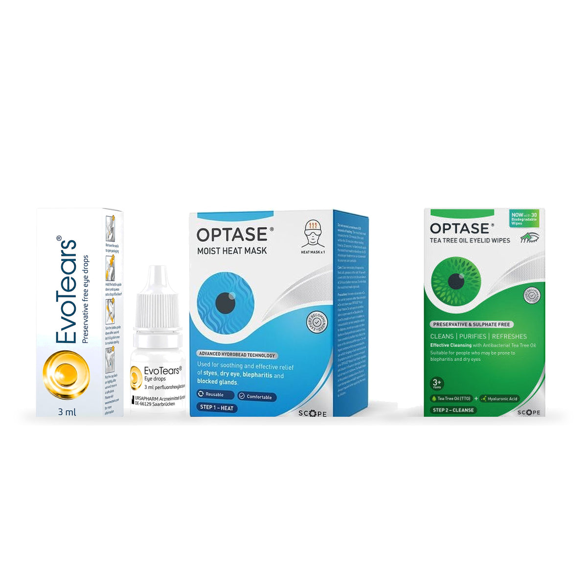 EvoTears Heat & Cleanse Kit: EvoTears drops, OPTASE Moist Heat Mask and Tea Tree Eyelid Wipes