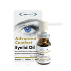 Eyelid oil packaging with a bottle and box labeled 'Advanced Comfort Eyelid Oil' on a white background.