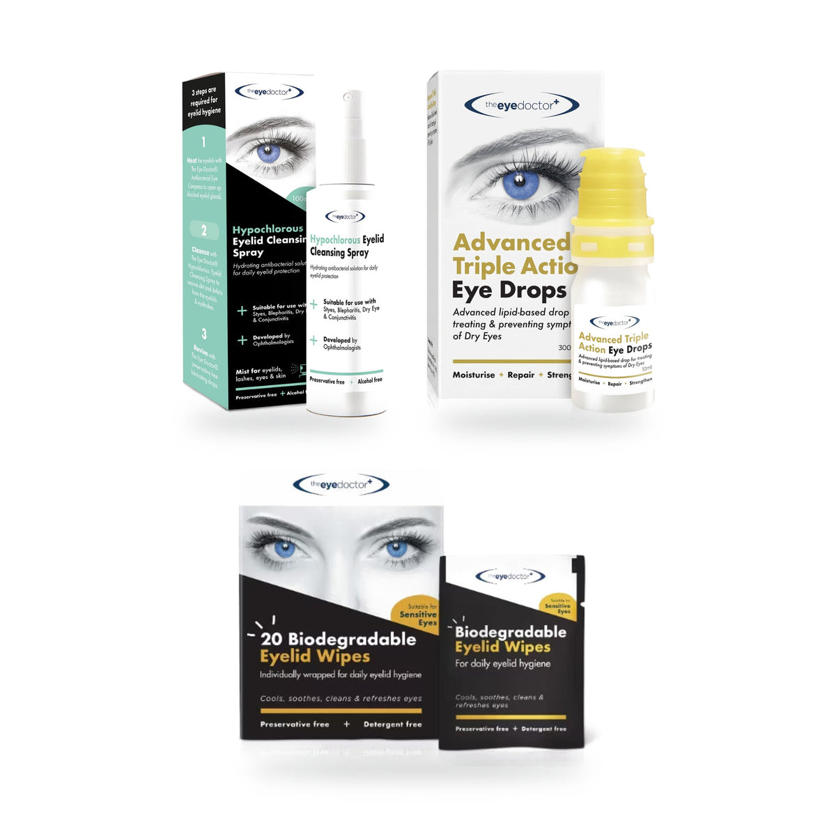 Eye Doctor Lid Care & Lipid Drops Kit: The Eye Doctor lid wipes, hypochlorous eyelid spray and Eye Doctor+ Triple Action drops side by side on a white background