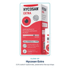 Close-up of Hycosan Extra packaging: 0.2% sodium hyaluronate, preservative-free
