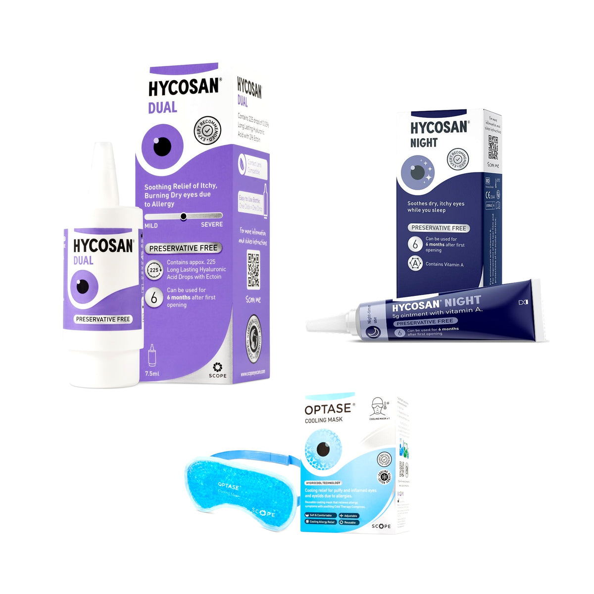 Hycosan Dual Allergy & Dry Eye Kit – Ectoin Eye Drops, Hycosan Night Ointment & OPTASE Cooling Mask