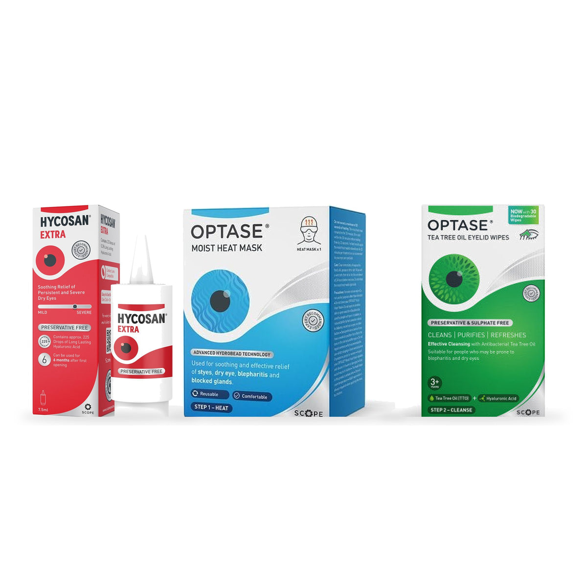Hycosan Extra Lid Care Kit: Hycosan Extra drops, OPTASE Moist Heat Mask and Tea Tree Eyelid Wipes