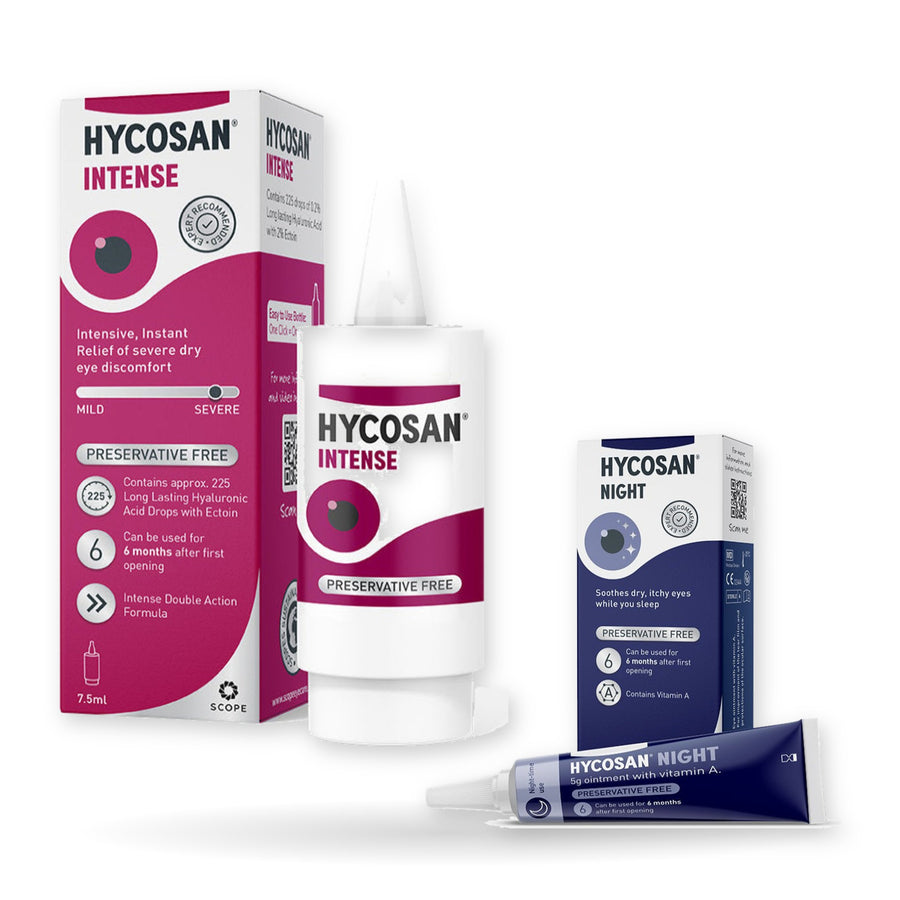 Hycosan Intense Day & Night Bundle: Hycosan Intense drops and Hycosan Night ointment grouped together on a white background