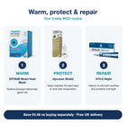 Hycosan Shield Heat & Hydrate Kit routine: warm with the OPTASE Moist Heat Mask, protect with Hycosan Shield, repair overnight with HYLO Night