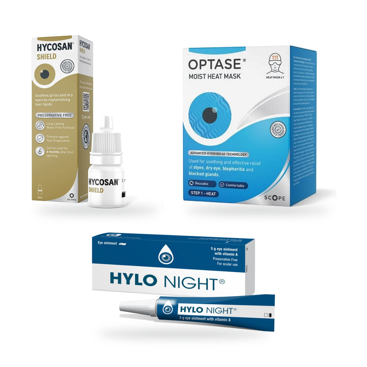 Hycosan Shield Heat & Hydrate Kit: Hycosan Shield eye drops, OPTASE Moist Heat Mask and HYLO Night side by side on a white background