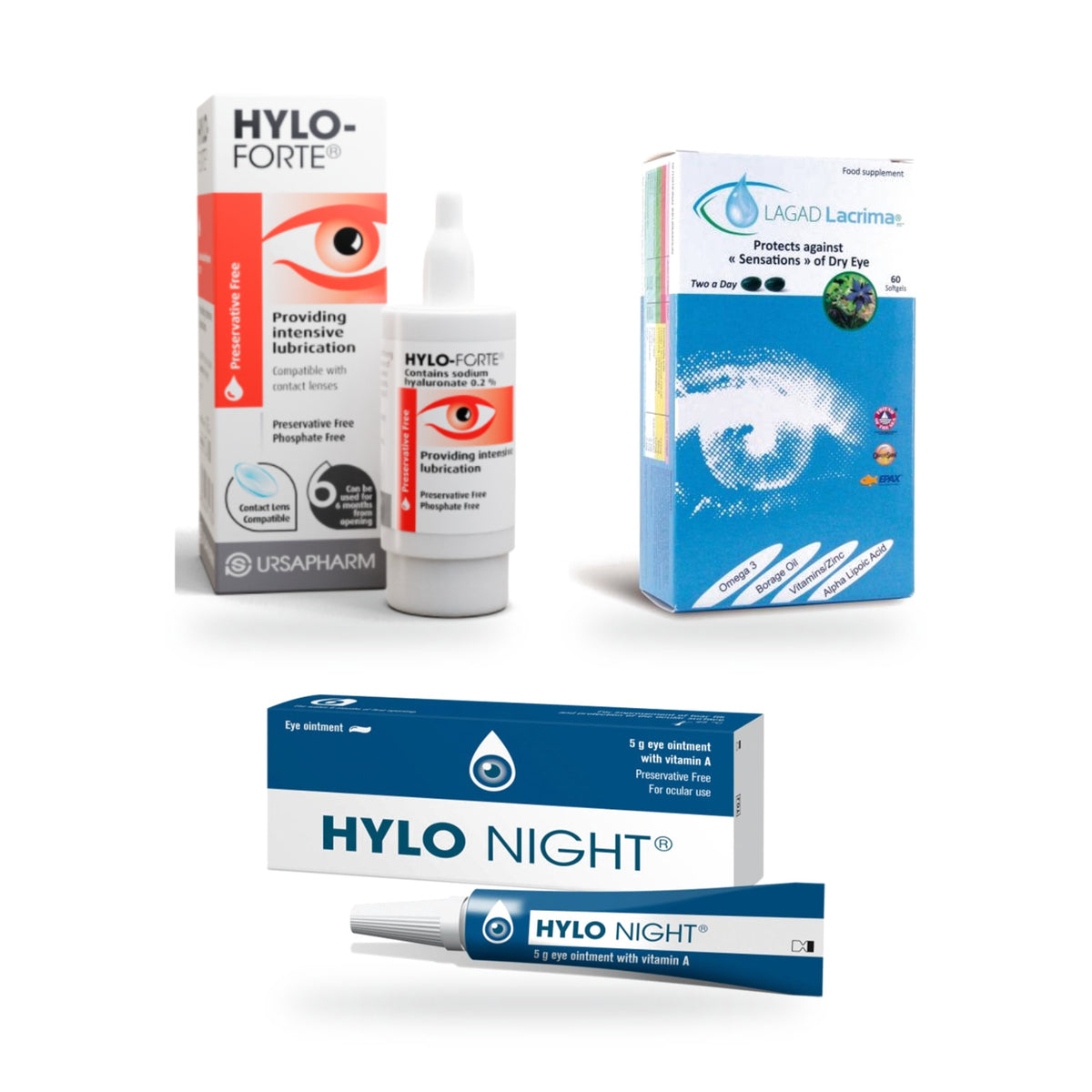 HYLO Forte, HYLO Night & Lagad Lacrima+Omega Kit: HYLO-Forte eye drops, Lagad Lacrima+Omega capsules and HYLO Night side by side on a white background