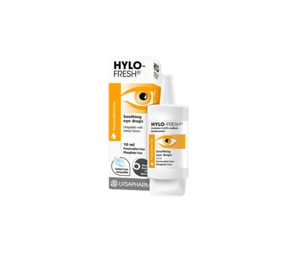 HYLO-FRESH eye drop bottle and packaging on a light gray background