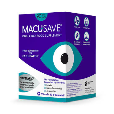 A box of MacuSave One-A-Day Food Supplement for eye health, featuring a purple and teal design with a large stylized eye graphic on the front.