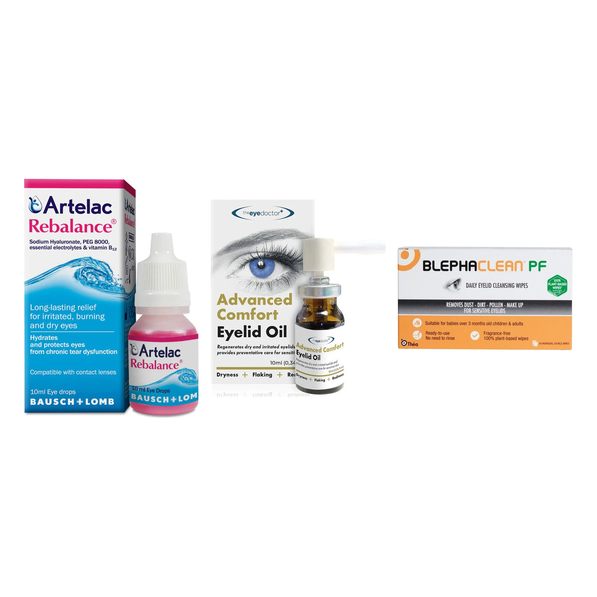Artelac Rebalance, Eyelid Oil & Blephaclean PF Kit – Artelac Rebalance drops, Advanced Comfort Eyelid Oil and Blephaclean PF wipes on a white background