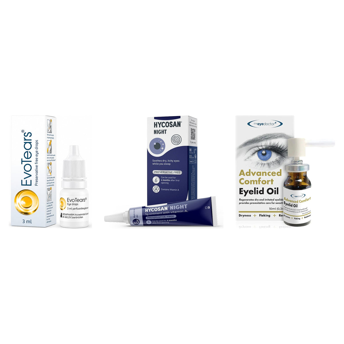 EvoTears, Hycosan Night & Eyelid Oil Kit – EvoTears drops, Hycosan Night ointment and Advanced Comfort Eyelid Oil on a white background