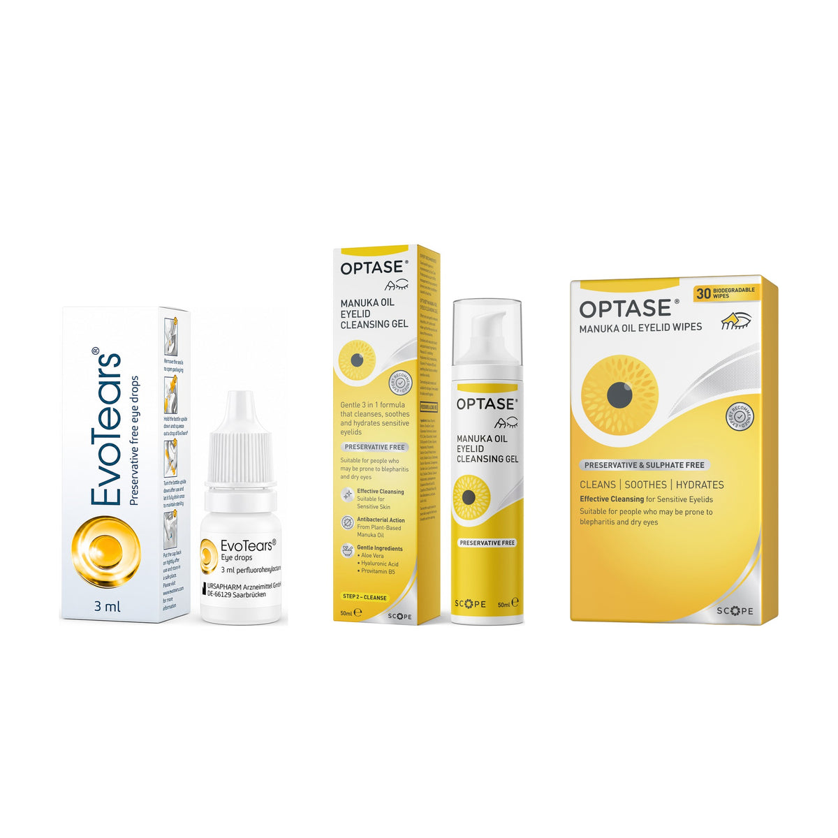 EvoTears Lipid & Manuka Lid Care Kit – EvoTears eye drops, OPTASE Manuka Eyelid Gel and OPTASE Manuka Eyelid Wipes on a white background