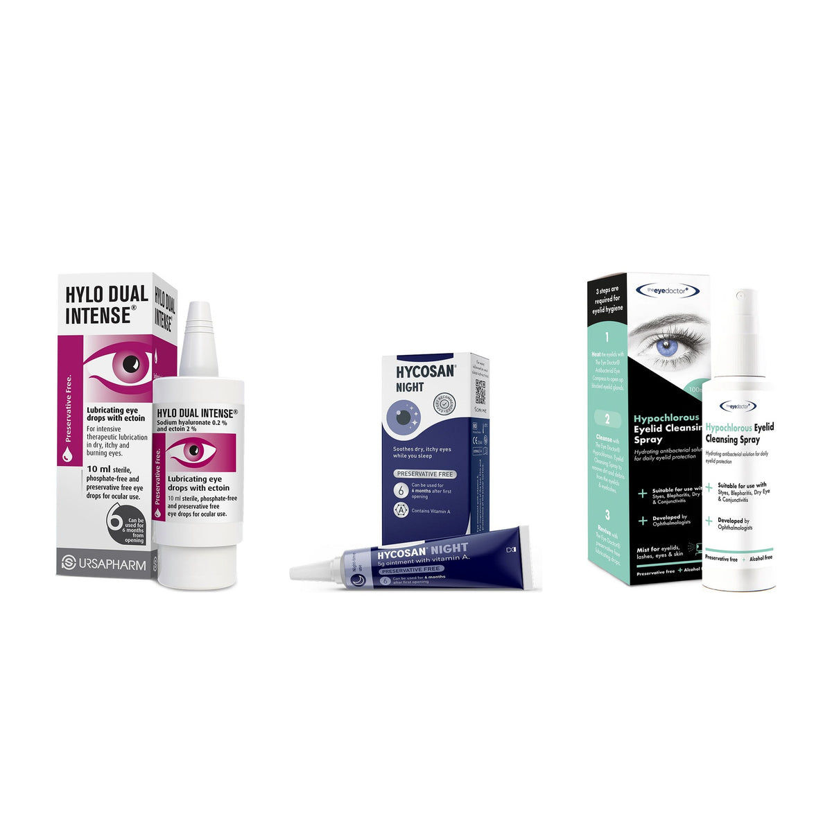 HYLO Dual Intense Soothe & Cleanse Kit – HYLO Dual Intense eye drops, Hycosan Night eye ointment and The Eye Doctor Hypochlorous Eyelid Spray on a white background