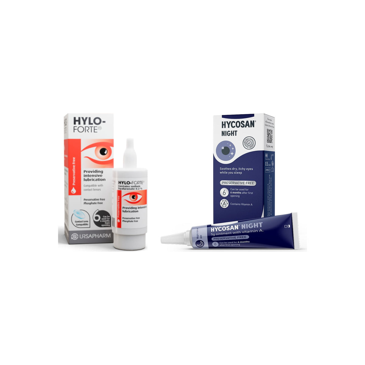 HYLO-Forte & Hycosan Night Kit – HYLO-Forte eye drops and Hycosan Night eye ointment on a white background