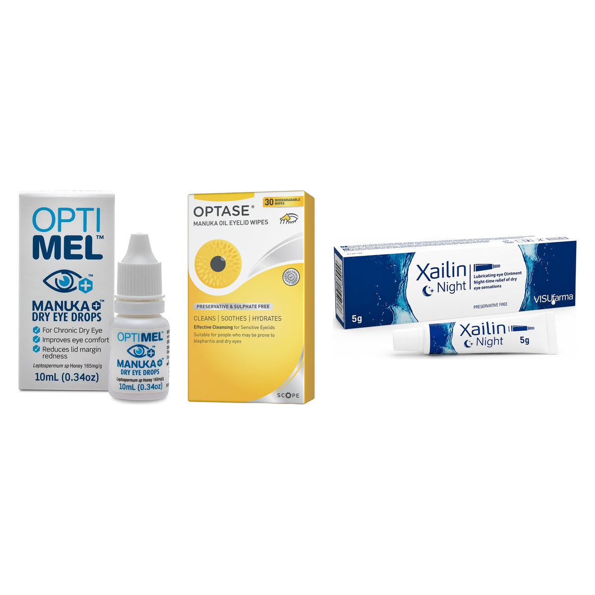 Optimel Manuka Eye Care Kit – Optimel Manuka Dry Eye Drops, OPTASE Manuka Eyelid Wipes and Xailin Night eye ointment on a white background