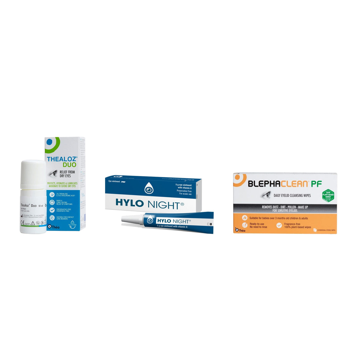 Thealoz Duo 24-Hour Hydration Kit – Thealoz Duo eye drops, HYLO Night eye ointment and Blephaclean PF eyelid wipes on a white background
