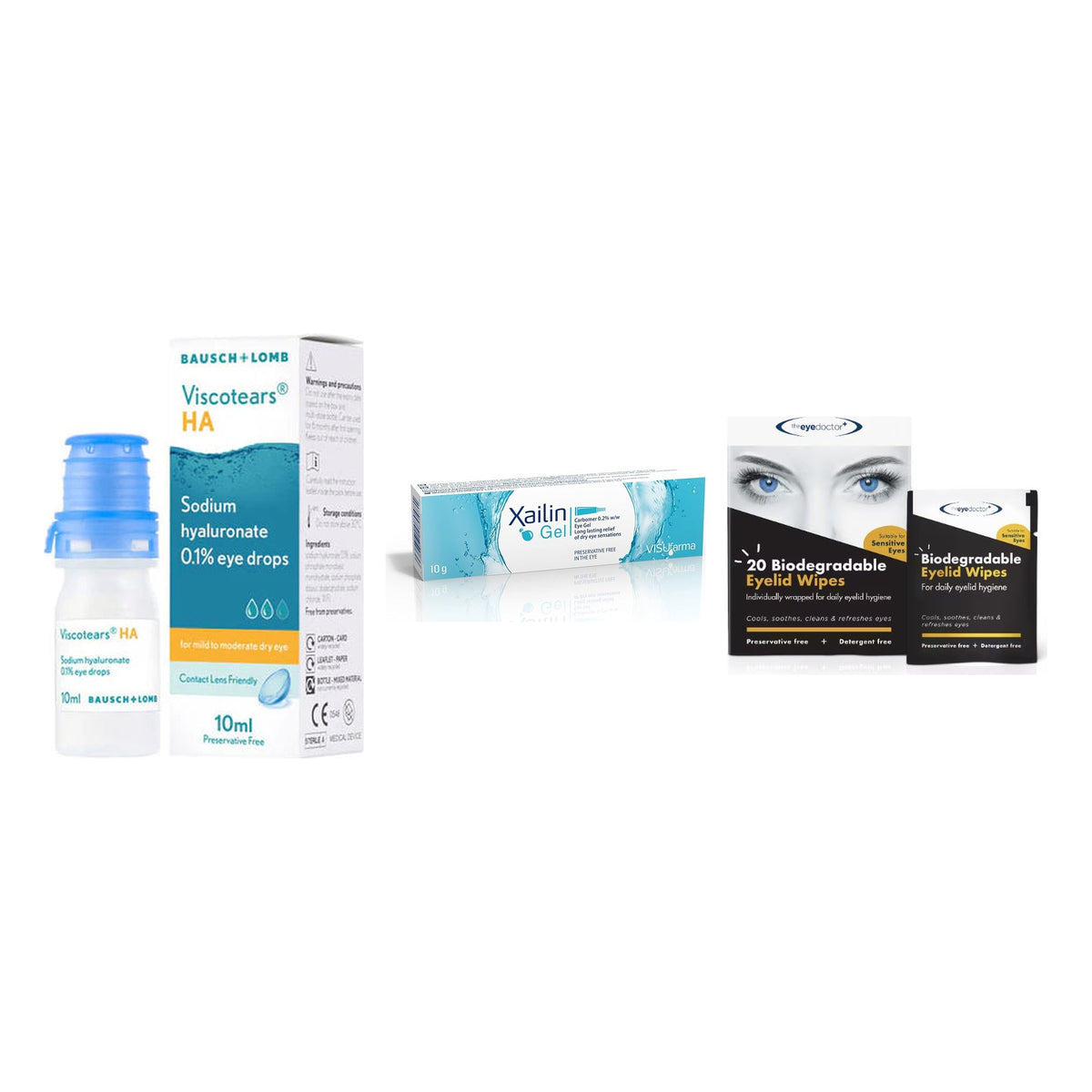 Viscotears HA, Xailin Gel & Lid Wipes Kit – Viscotears HA drops, Xailin Gel and Eye Doctor lid wipes on a white background