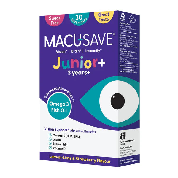 MACU-SAVE Junior+ Omega 3 Fish Oil packaging on a white background