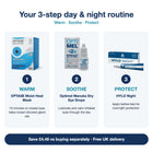 Manuka Heat Kit 3-step routine: warm with the OPTASE Moist Heat Mask, soothe with Optimel Manuka drops, protect overnight with HYLO Night