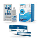 Manuka Dry Eye Day & Night Heat Kit: Optimel Manuka Dry Eye Drops, OPTASE Moist Heat Mask and HYLO Night side by side on a white background