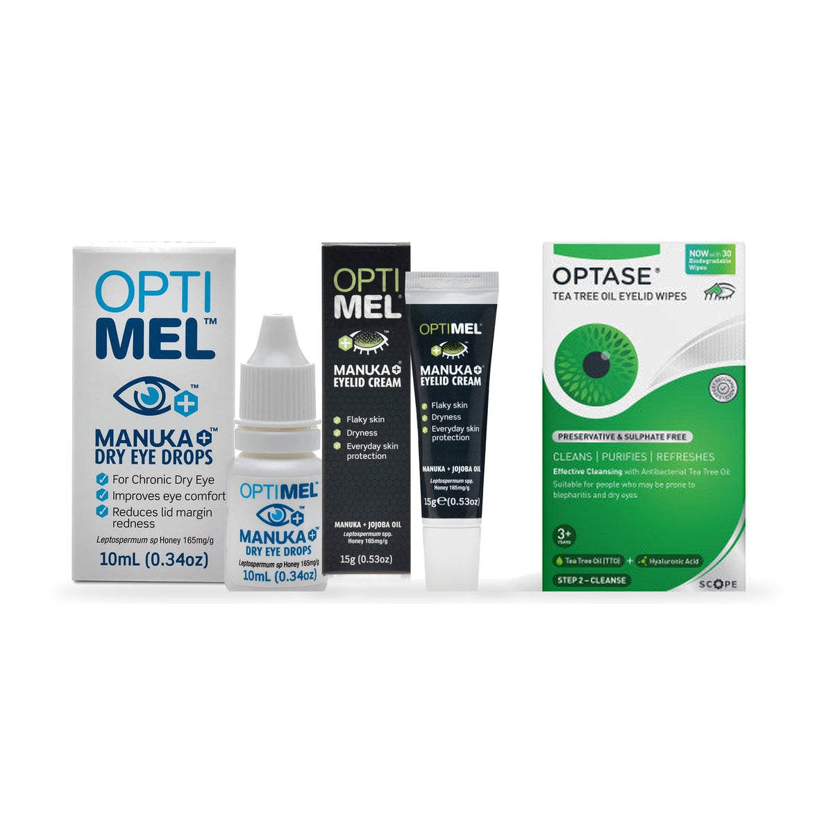 Manuka Lid Care Kit: Optimel Manuka drops, Manuka Eyelid Cream and Tea Tree Eyelid Wipes