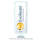Close-up of EvoTears packaging: preservative-free, water-free lipid replacement eye drops