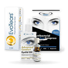 MGD Dry Eye Lipid Repair Kit: EvoTears, Eye Doctor Advanced Eyelid Oil and hot eye compress grouped together on a white background