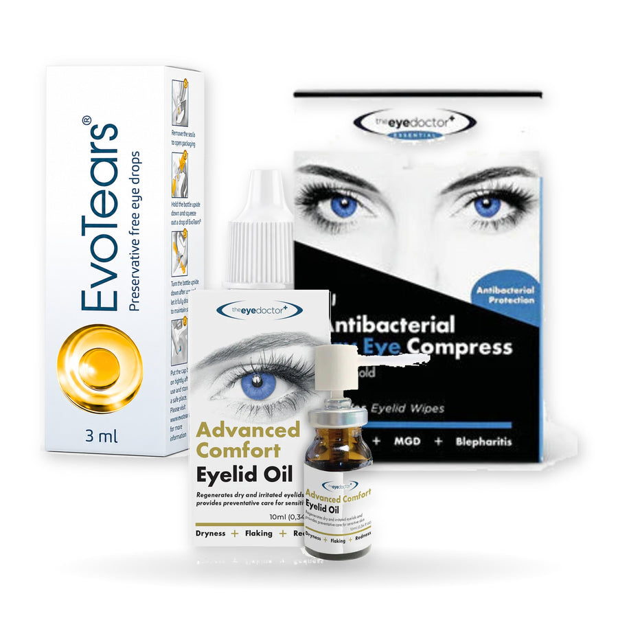 MGD Dry Eye Lipid Repair Kit: EvoTears, Eye Doctor Advanced Eyelid Oil and hot eye compress grouped together on a white background