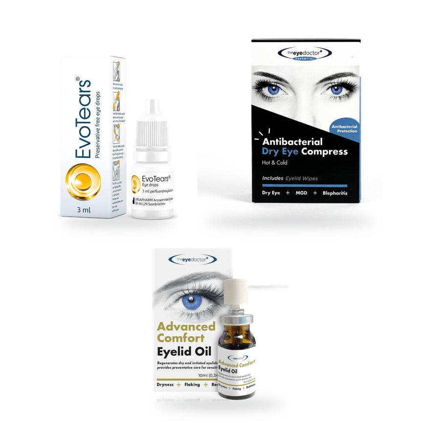 MGD Dry Eye Lipid Repair Kit: EvoTears, The Eye Doctor Advanced Eyelid Oil and The Eye Doctor Essential hot compress side by side on a white background