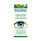 Murine Hayfever Relief eye drop packaging with an eye illustration on a white background