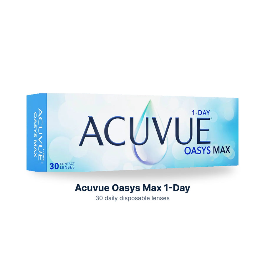 Acuvue Oasys Max 1-Day contact lenses box on a white background