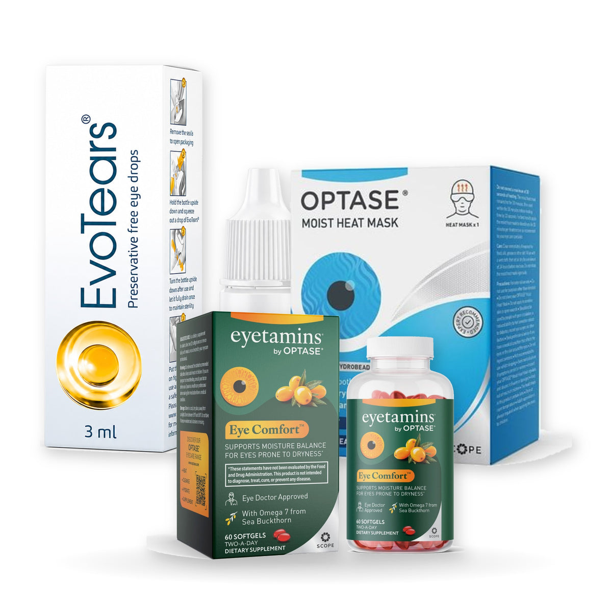 Inside & Out Evaporative Dry Eye Kit: Eyetamins Eye Comfort, EvoTears and OPTASE Moist Heat Mask grouped together on a white background