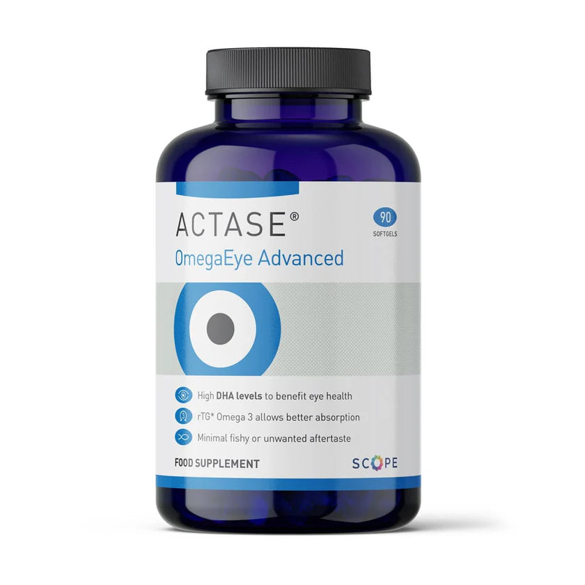 Supplement bottle labeled 'ACTASE OmegaEye Advanced' on a white background