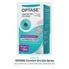 Close-up of OPTASE Comfort Dry Eye Spray packaging: preservative-free, sea buckthorn oil