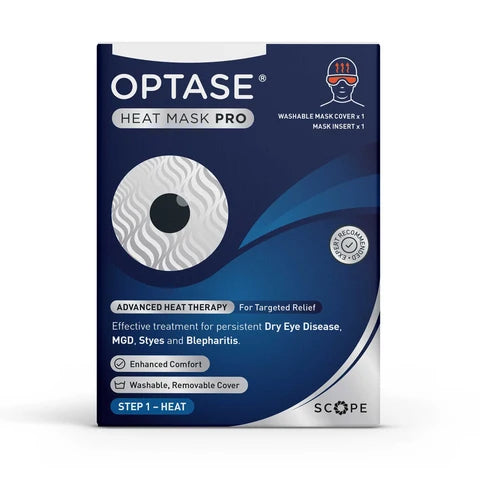 A box of Optase Heat Mask Pro step 1 heat masks, featuring a dark blue and silver design with product details and an illustration of the mask.