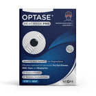 A box of Optase Heat Mask Pro step 1 heat masks, featuring a dark blue and silver design with product details and an illustration of the mask.