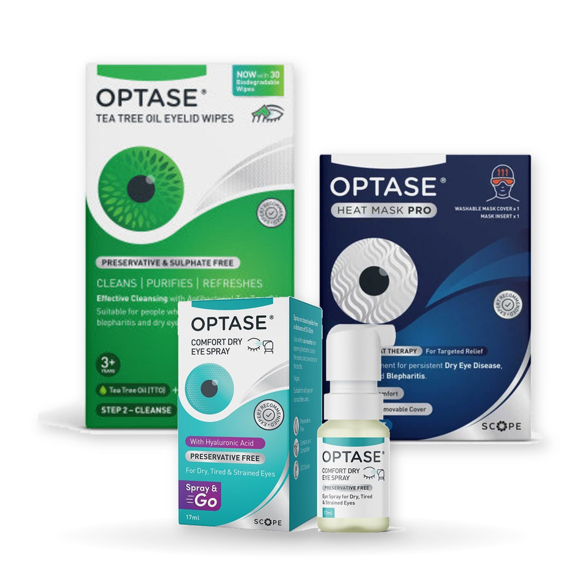 OPTASE Lipid Care Kit: Heat Mask Pro, Tea Tree Oil Eyelid Wipes and Comfort Dry Eye Spray grouped together on a white background