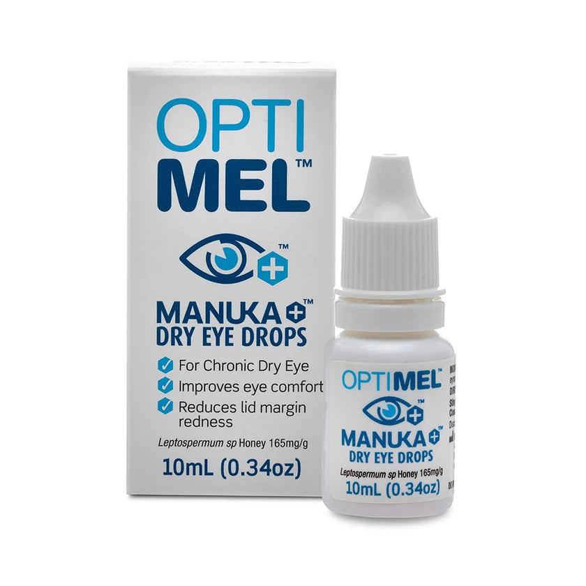 Opti Mel Manuka Dry Eye Drops packaging and bottle on a white background