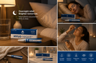 A 5-panel collage promoting HYLO NIGHT, showing the product box and applicator on a bedside table, a woman sleeping while wearing it overnight, a woman applying the product, a close-up of the applicator, and feature icons for overnight relief, vitamin-enriched formula, preservative-free, and ocular use.