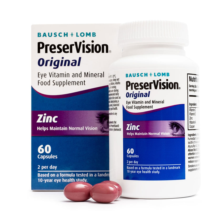 Bausch & Lomb PreserVision Original eye vitamin supplement packaging with capsules on a white background