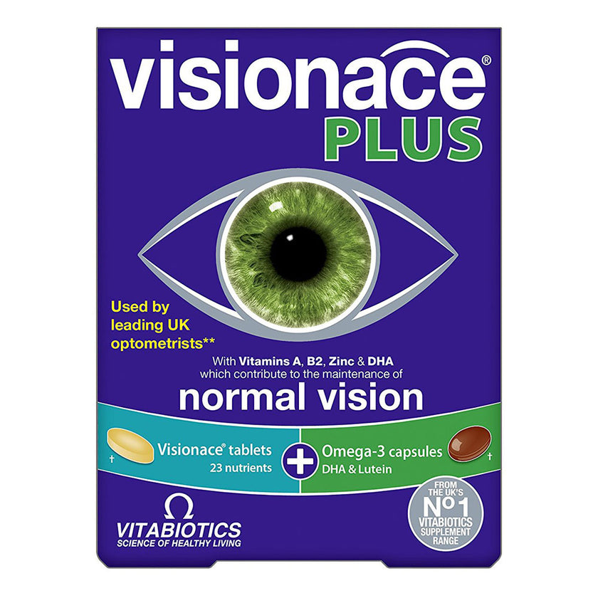 Visionace Plus supplement packaging with eye illustration and Vitabiotics branding