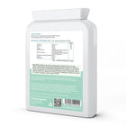 Back view of a supplement container with text and a QR code on a white background