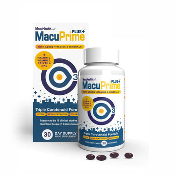 MacuPrime supplement bottle and packaging on a white background 