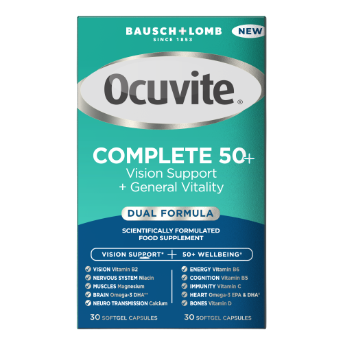 Ocuvite Complete 50+ Vision Support and General Vitality food supplement box, sold by Ocularexpress.