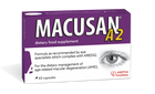 Macusan A2 dietary food supplement box with an eye on a white background