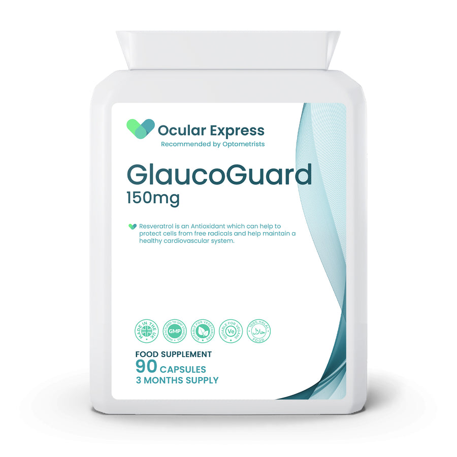 Ocular Express GlaucoGuard 150mg food supplement capsules.