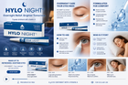 A promotional infographic for HYLO NIGHT eye ointment, featuring product packaging, usage instructions, benefits, and close-up images of eyes and a sleeping person. The design uses a blue and white color scheme with text highlighting overnight relief and comfort.